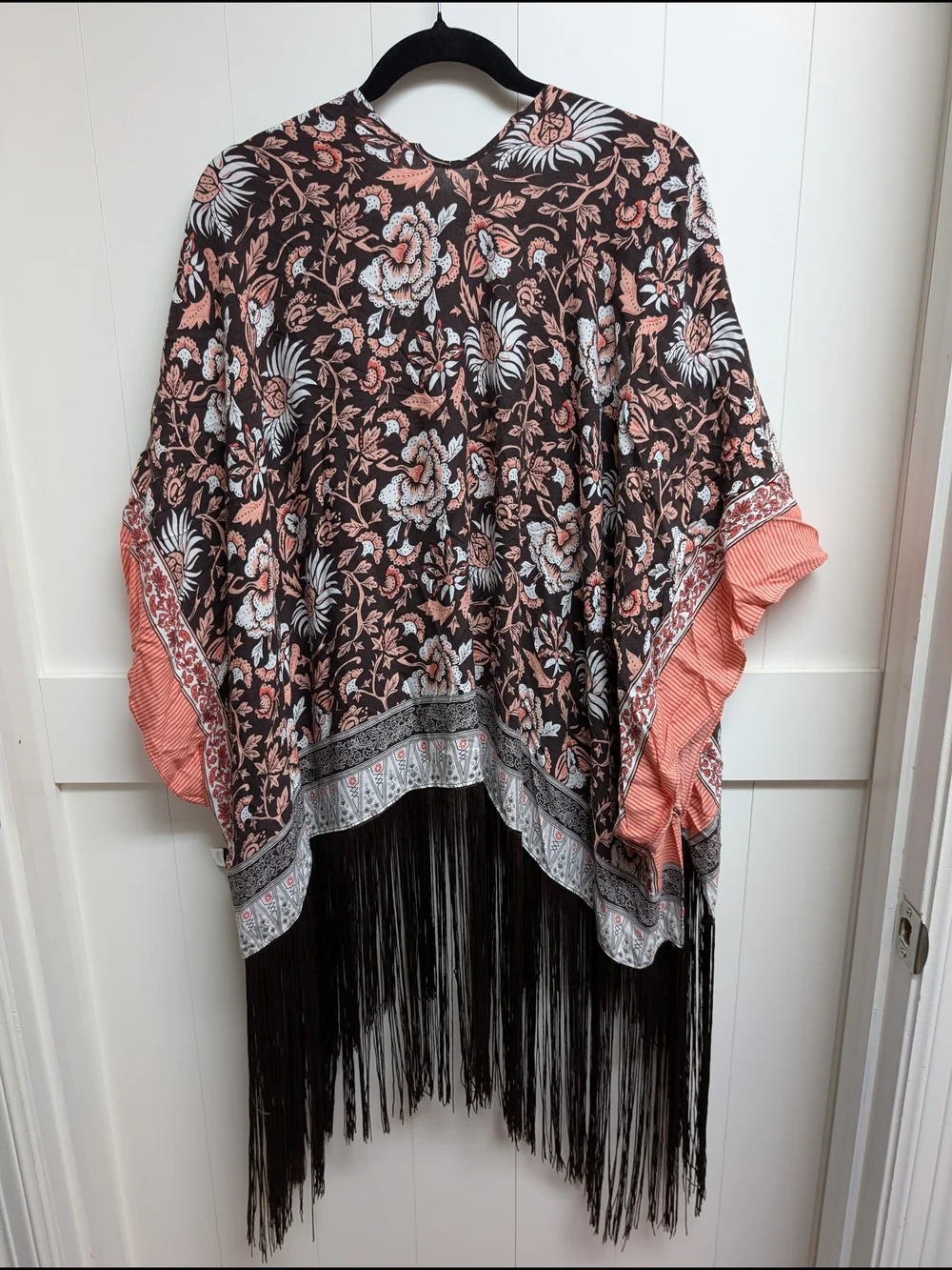 Idyllwind Boho Floral Fringe Kimono - Brown and Coral